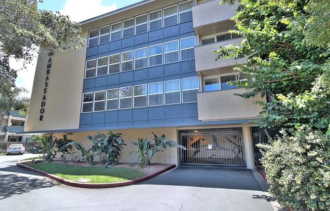 Blue exterior building view at Ambassador, San Mateo, 94401