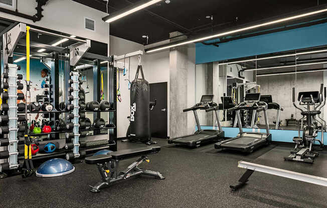 A gym with a variety of equipment including treadmills, weights, and a punching bag.