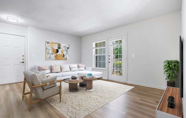 a living room with a couch and a chair and a rug