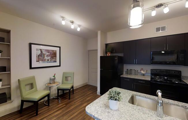 a modern living room with a sink and a mirror