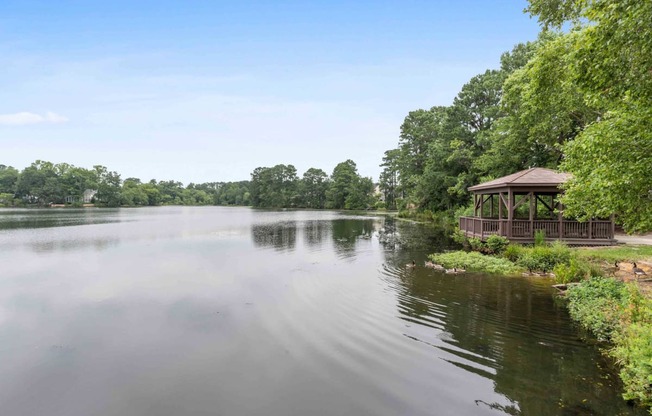 a pavilion on the bank of a river