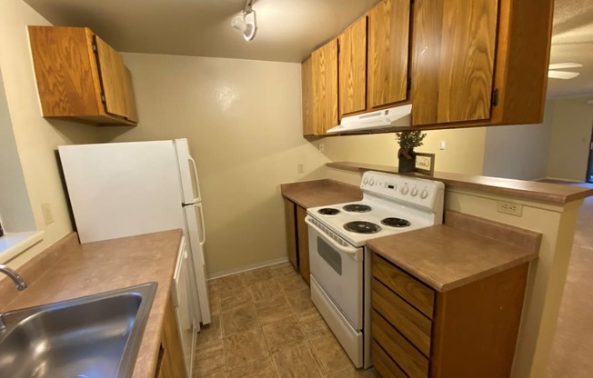 a kitchen with a stove refrigerator and sink