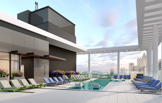 Rooftop pool with expansive sundeck, cabanas, and 360-degree skyline views.