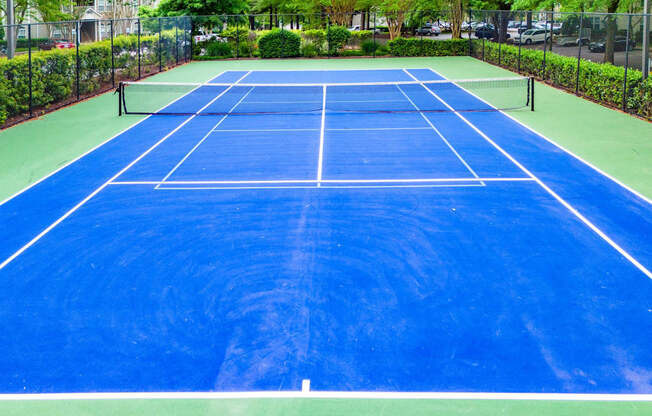 A blue tennis court with white lines and a green border.