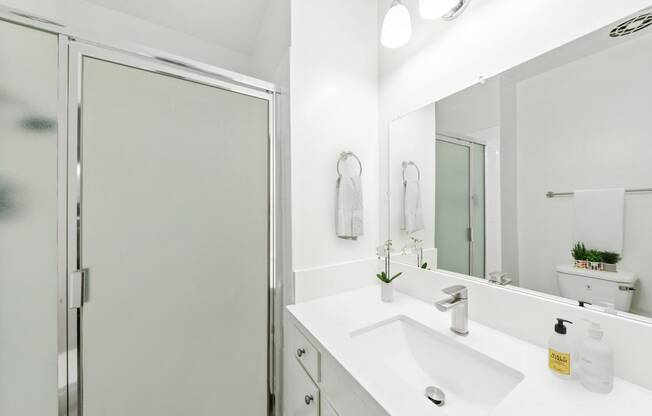 a bathroom with a sink and a shower