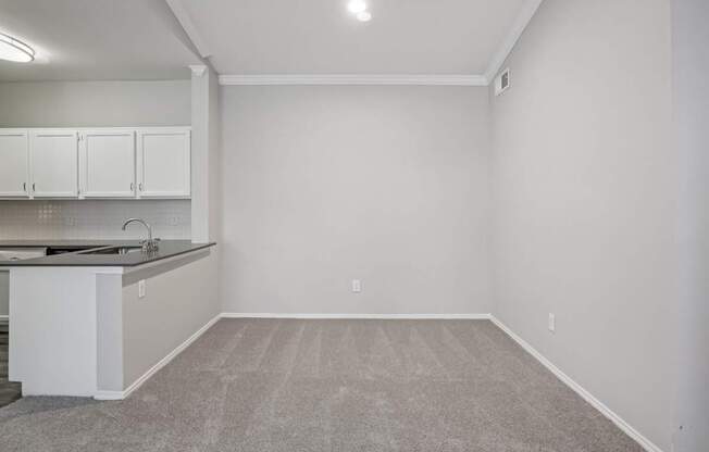 A kitchen with white cabinets and a countertop.
