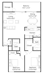 2 beds, 2 baths, 1,100 sqft, $1,433