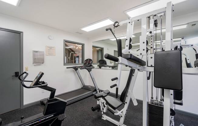 apartment fitness center with weight and cardio equipment