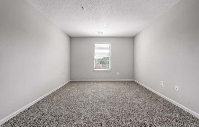 A room with a carpeted floor and a window with blinds.