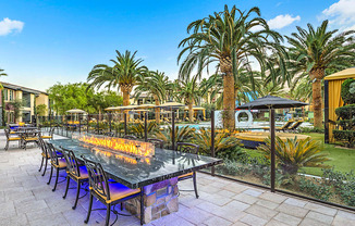 a long dining table with blue chairs and palm trees