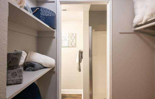 a closet with shelves and a mirror and a door to a bathroom at Granite Bay, Phoenix, Arizona, 85023