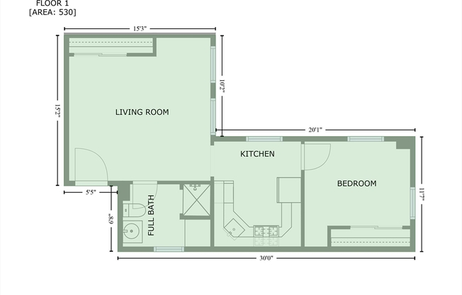 1 bed, 1 bath, 530 sqft, $2,200, Unit 1