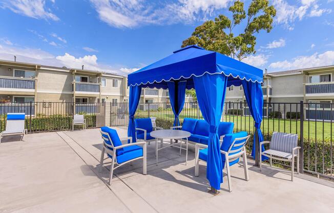 A vibrant blue canopy with seating arranged around a round table, set in a residential outdoor area. The space features well-maintained grass and buildings in the background, with a blue sky dotted with clouds, creating a welcoming and relaxing atmosphere.