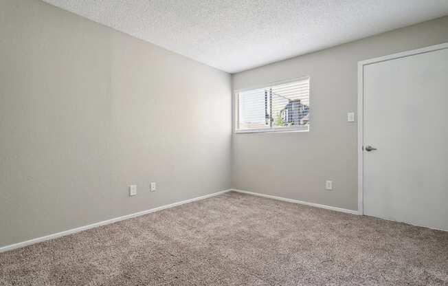 A room with a carpeted floor and a window letting in light.
