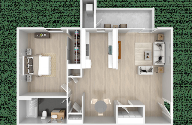 A 3D floor plan of a house with a kitchen, living room, and two bedrooms.