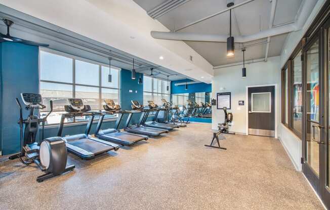 a fitness room with cardio equipment and windows at the briggs  stratton gym at The Baxly, Georgia