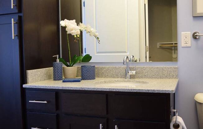 A bathroom with a sink, mirror, and a cabinet.