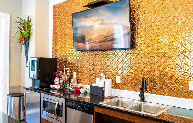 a kitchen with a counter and a sink and a tv on the wall