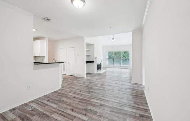 Entrance view of kitchen and living area.