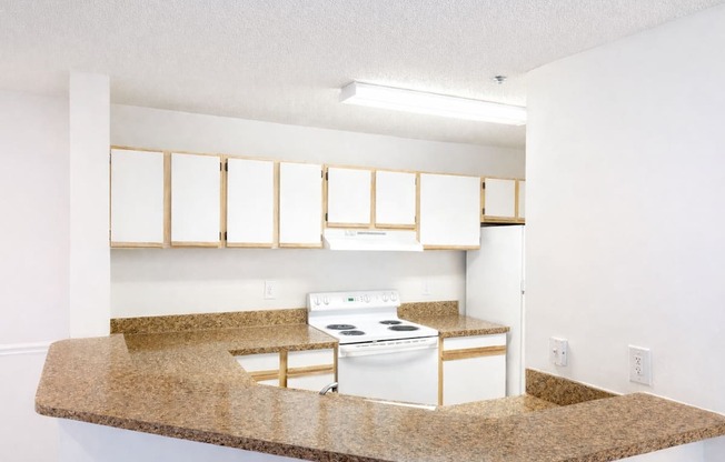 A kitchen with white appliances and a granite countertop.