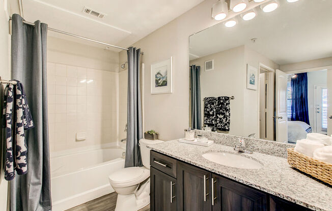 a bathroom with a shower, toilet, and sink