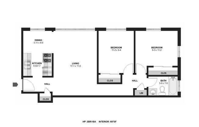 2 beds, 1 bath, 697 sqft, $1,180