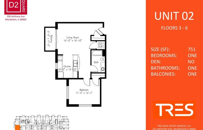 1 bed, 1 bath, 751 sqft, $1,720, Unit 602