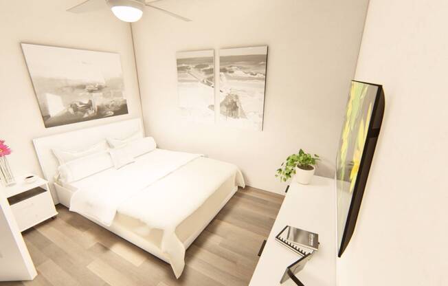 a bedroom with a bed and a desk at Brownstones at Palisade Park Townhomes, Broomfield