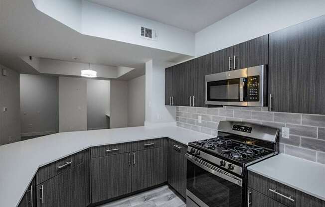 A modern kitchen with a stove and microwave built into the cabinetry.