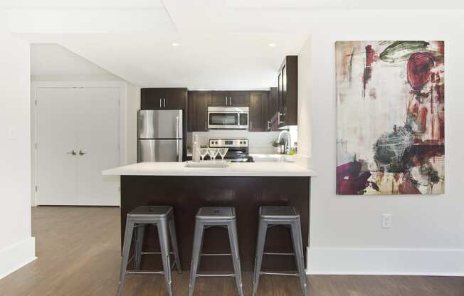 kitchen with a counter and three bar stools