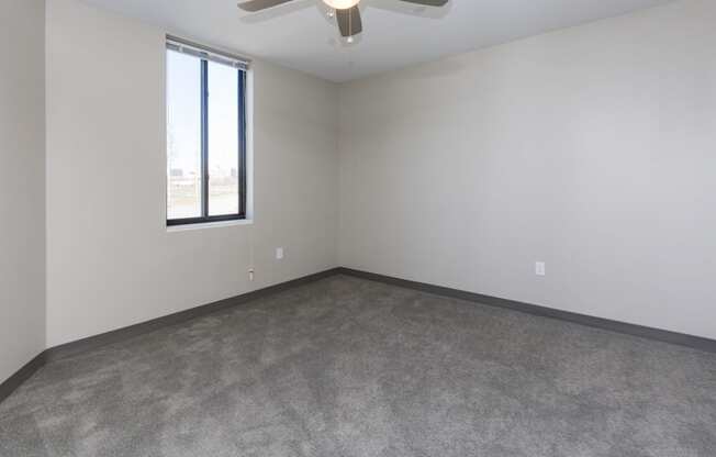 Bright, vacant bedroom with neutral walls and carpet flooring.