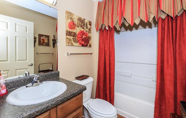 a red and white shower curtain