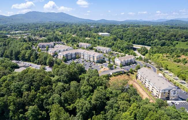 arial view of the campus with mountains in the background