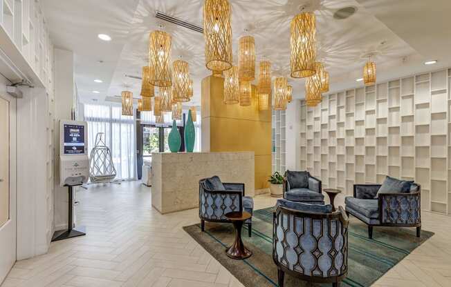 Colorful main entry lobby with ample velvet seating