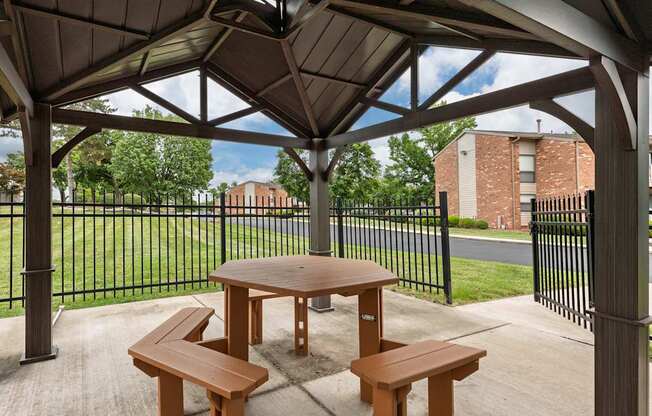 Picnic table and benches under a roof.