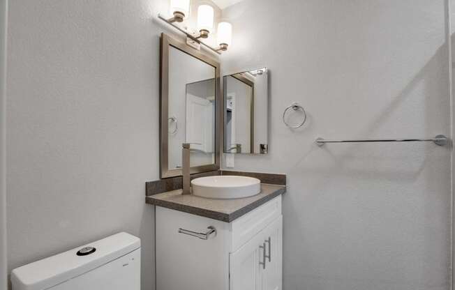 a bathroom with a sink and a mirror and a toilet