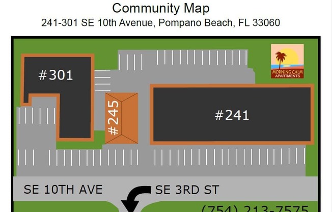 A map of the Morning Calm Apartments community.