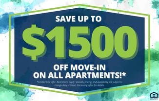 A promotional image advertising a $1500 off move-in on all apartments.