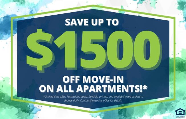 A promotional image advertising a $1500 off move-in on all apartments.