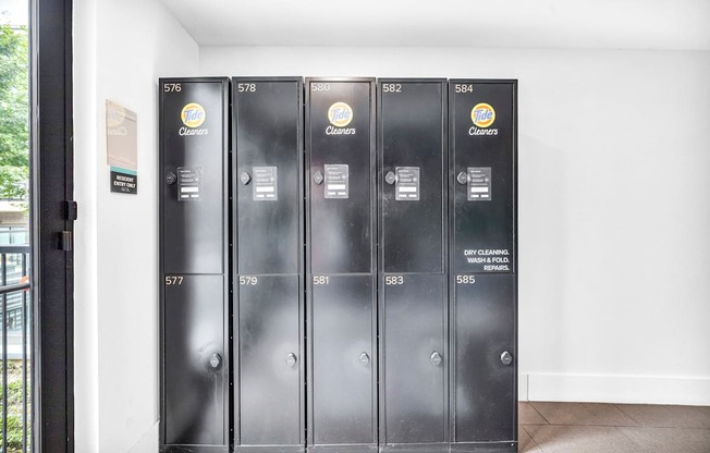 Five black dry cleaners are lined up in a row.