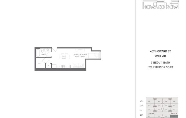 Studio, 1 bath, 596 sqft, $1,200, Unit 409 Unit 204