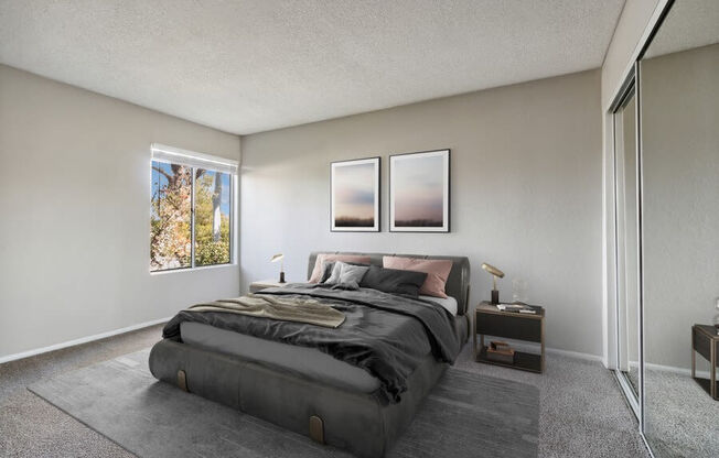Model Bedroom with Carpet & Window View at Forest Park Apartments in El Cajon, CA.
