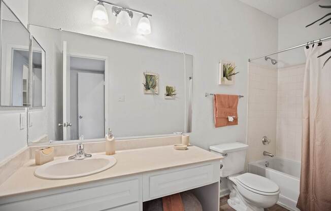 A bathroom with a sink, toilet, and shower.