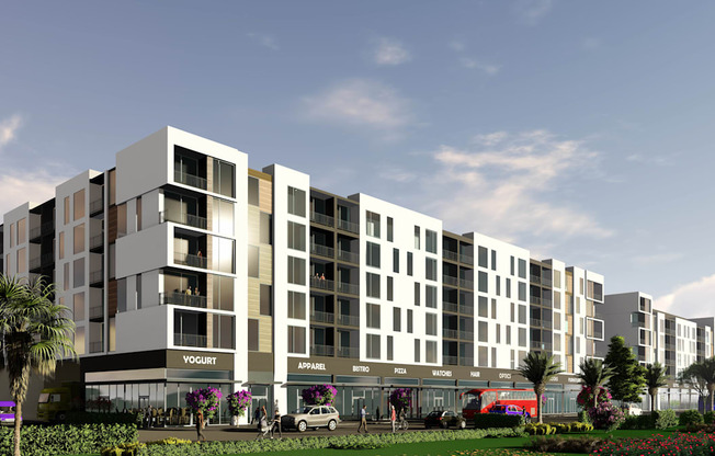 an artist rendering of an apartment building atrium with cars parked in front of it