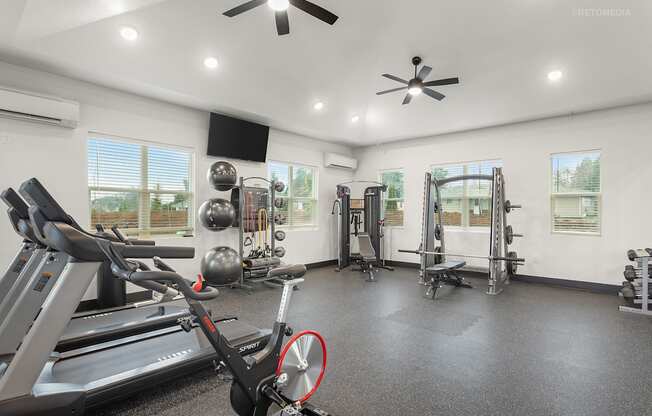 A spacious home gym with a treadmill, weights, and exercise equipment.