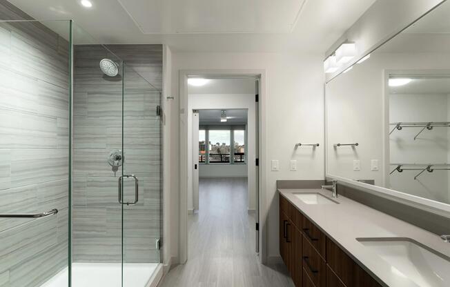 Ultra Modern Bathroom with Tile bathroom floors with floor-to-ceiling tile shower and tub surrounds