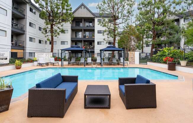 Pool area seating at 55+ FountainGlen Goldenwest, Westminster, CA