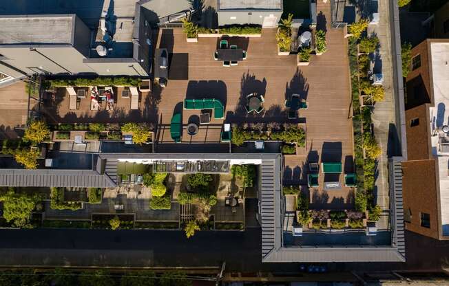 an aerial view of a house with a green roof at Axis, Seattle, Washington