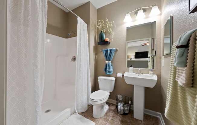 large bathroom with shower, pedestal sink, and toilet