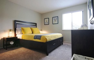 a bedroom with a bed and a dresser and a window